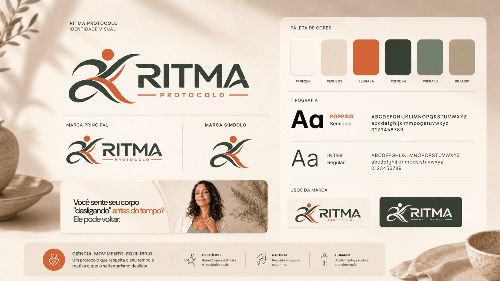 Kit de branding oficial do Ânima 21: paleta em Verde Musgo Profundo, Linho, Areia, Terracota Suave, tipografias Poppins e Inter