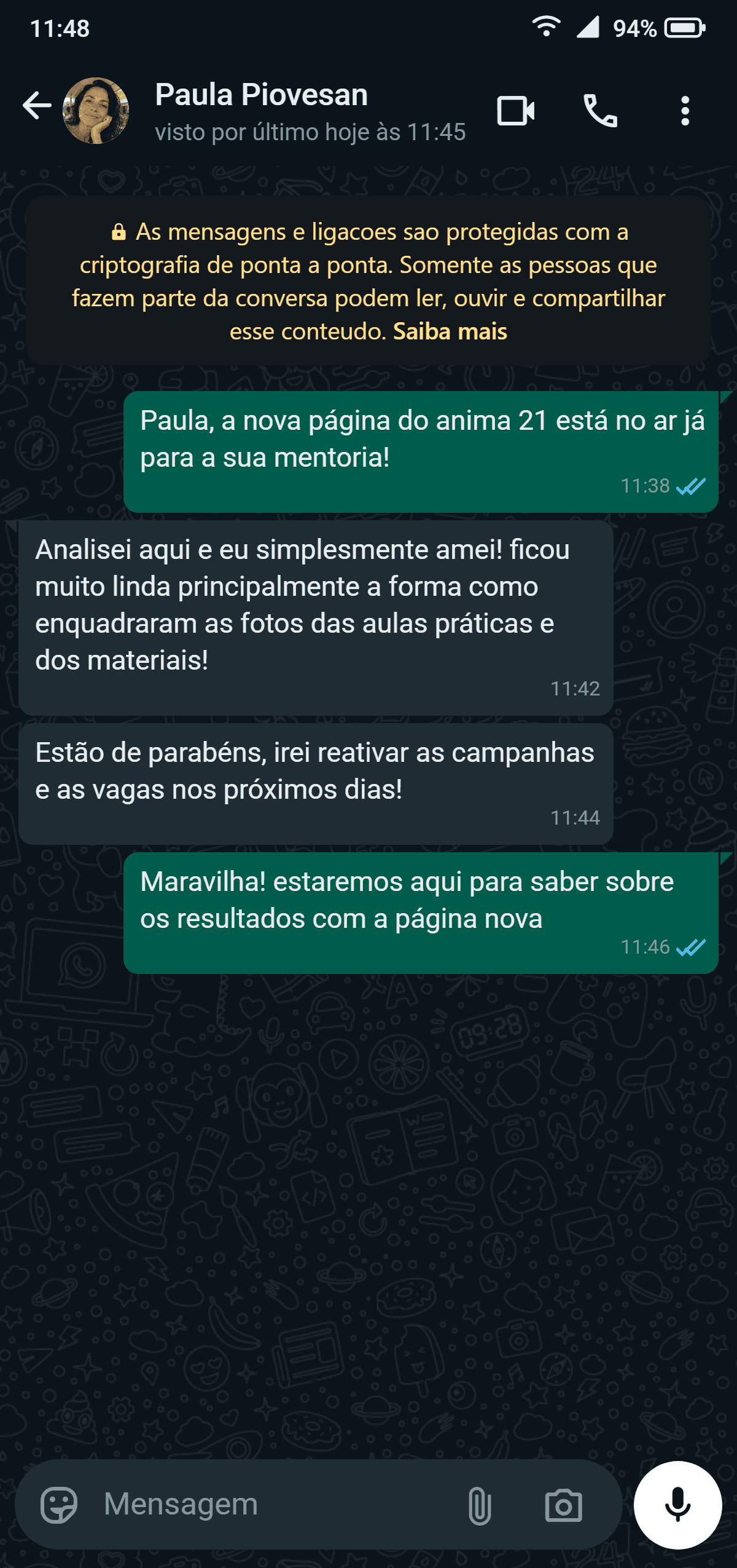 Registro real de WhatsApp de Paula Piovesan validando a resposta imediata da nova página no ambiente de homologação