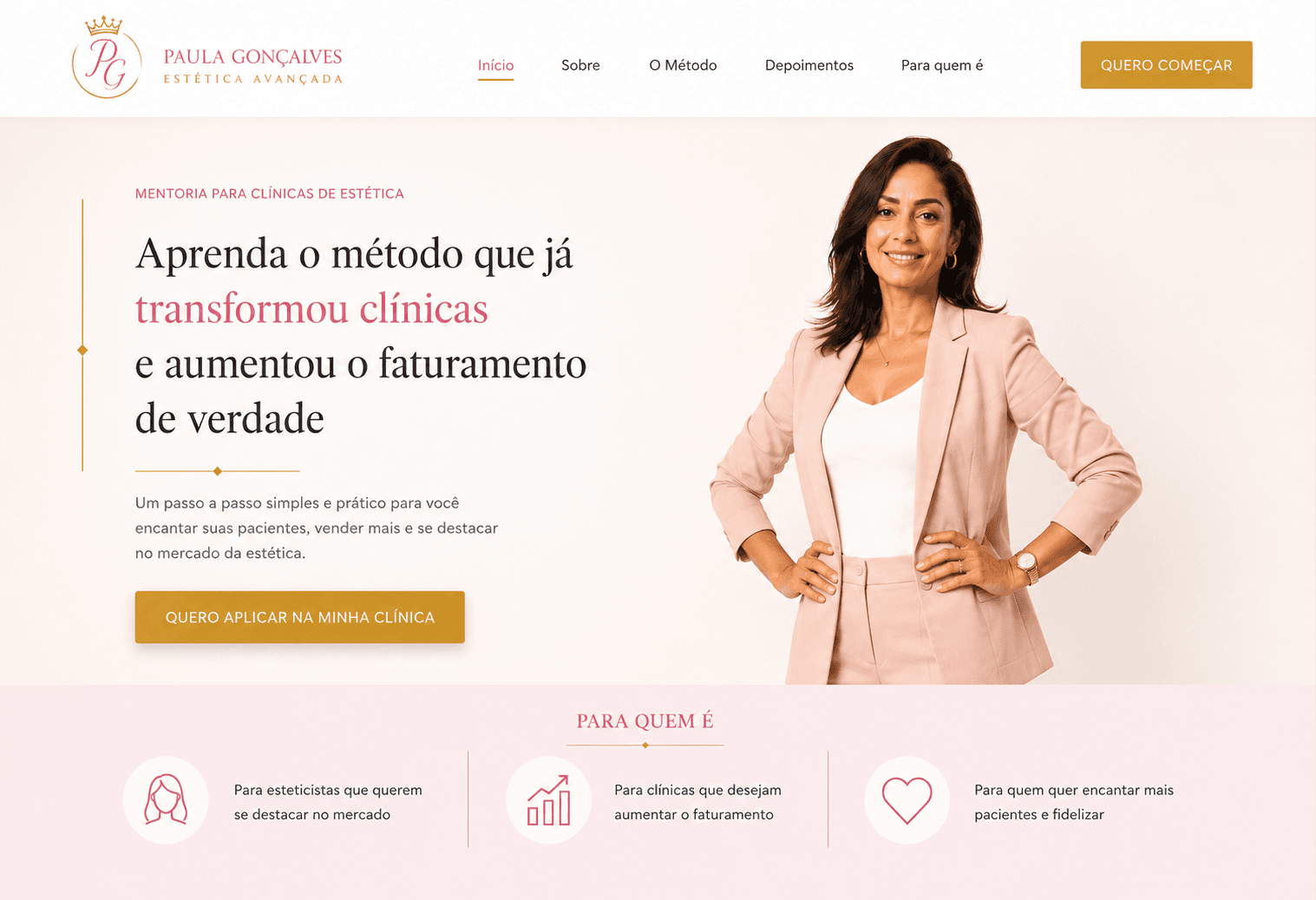 Registro da versão anterior da página em desktop, com paleta em rosa e dourado e foco em procedimento