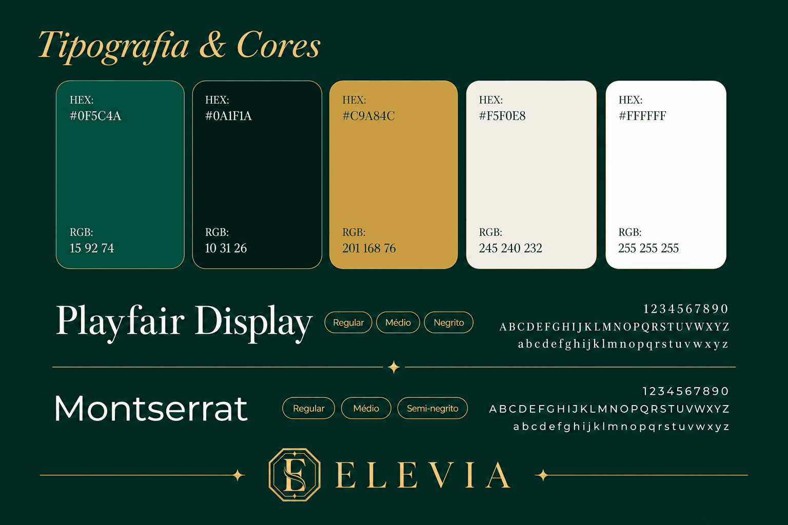 Kit de branding oficial da ELEVIA: paleta cromática, tipografia editorial e arquitetura da marca