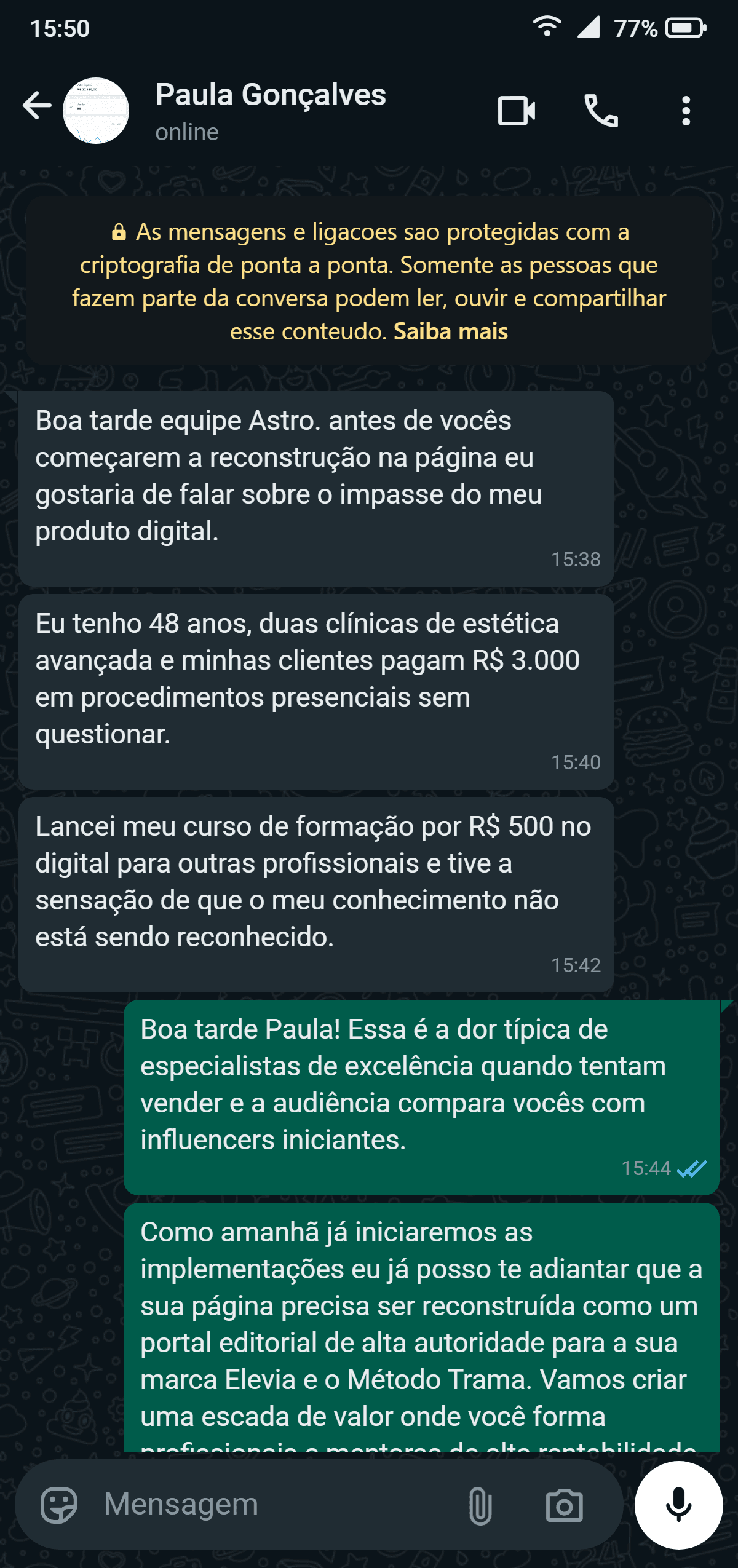 Registro real de bastidor no WhatsApp demonstrando o diagnóstico do impasse da oferta digital
