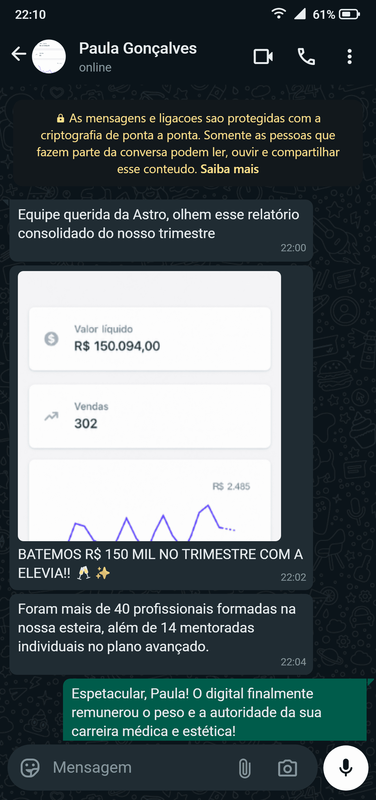Registro real de bastidor no WhatsApp demonstrando a consolidação de R$ 150 mil no trimestre