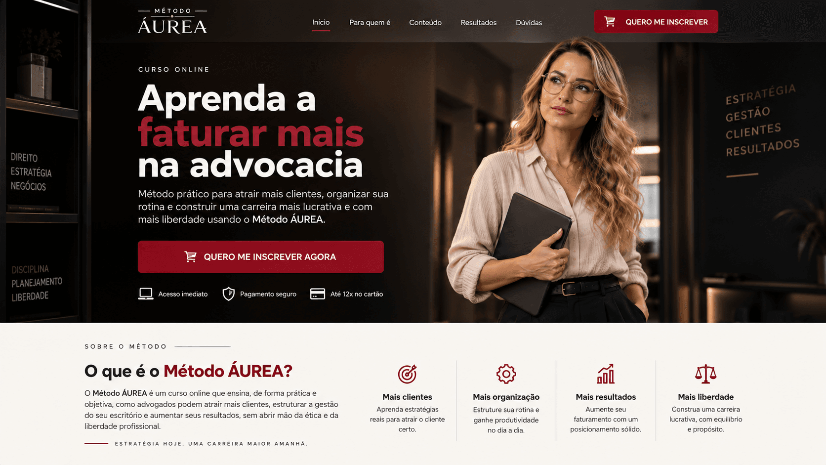 Registro da versão anterior do Método Áurea em desktop, com layout genérico, botões vermelhos e falta de distinção de planos