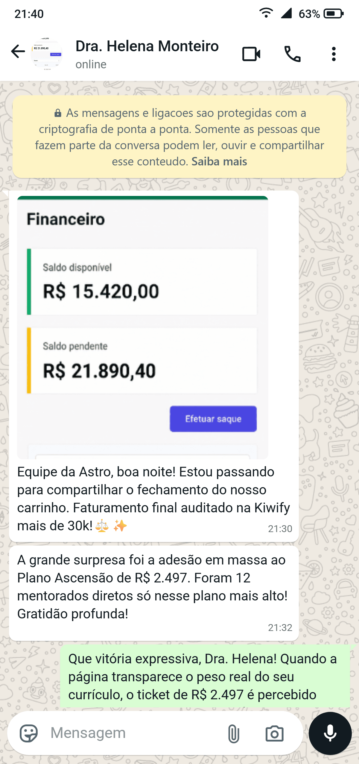 Registro real de mensagem no WhatsApp da Dra. Helena Monteiro celebrando o fechamento do carrinho com mais de R$ 41 mil de faturamento