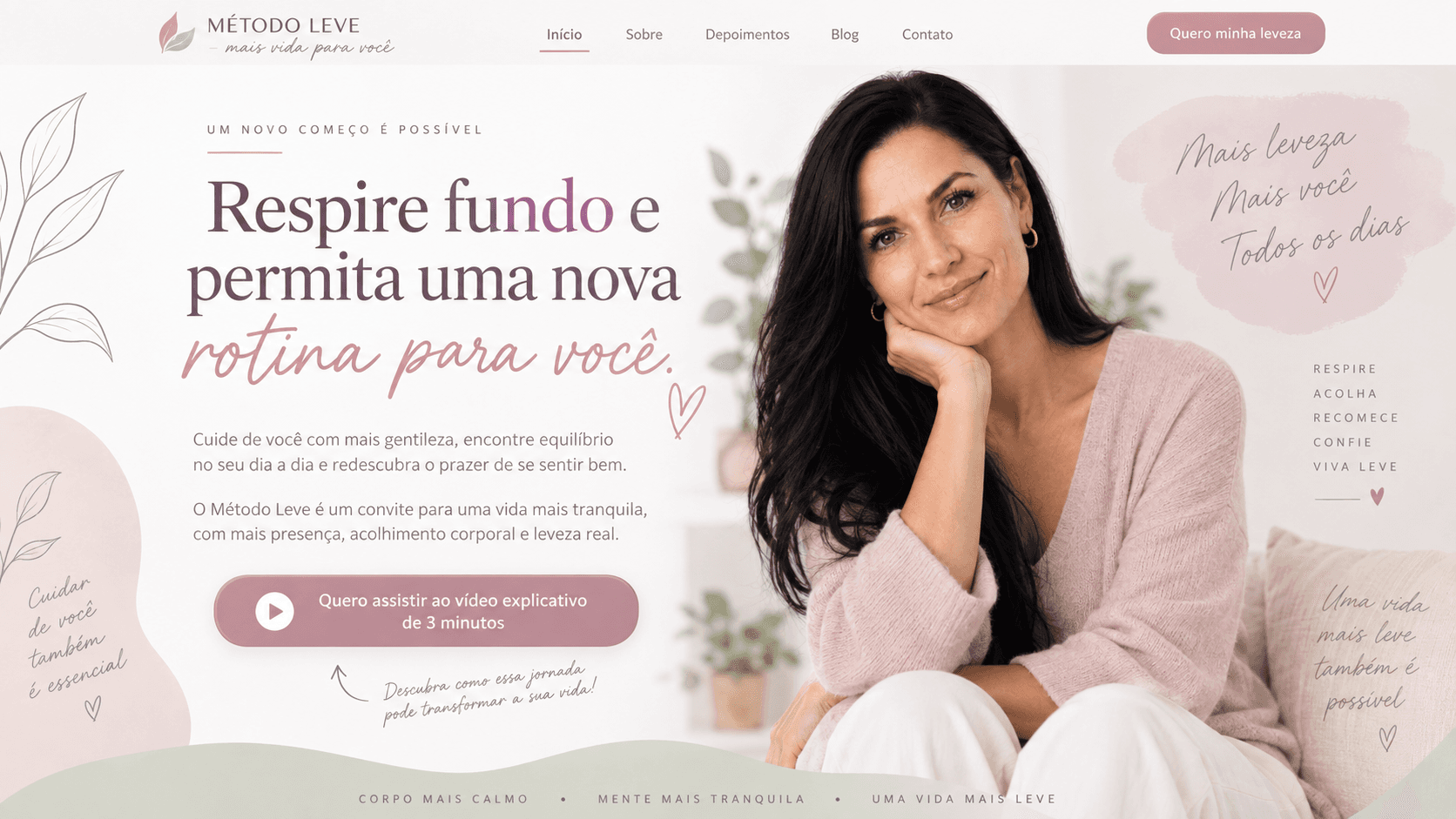 Registro da versão anterior da página do Método Leve em desktop, com layout desbotado e ausência de tangibilidade dos entregáveis