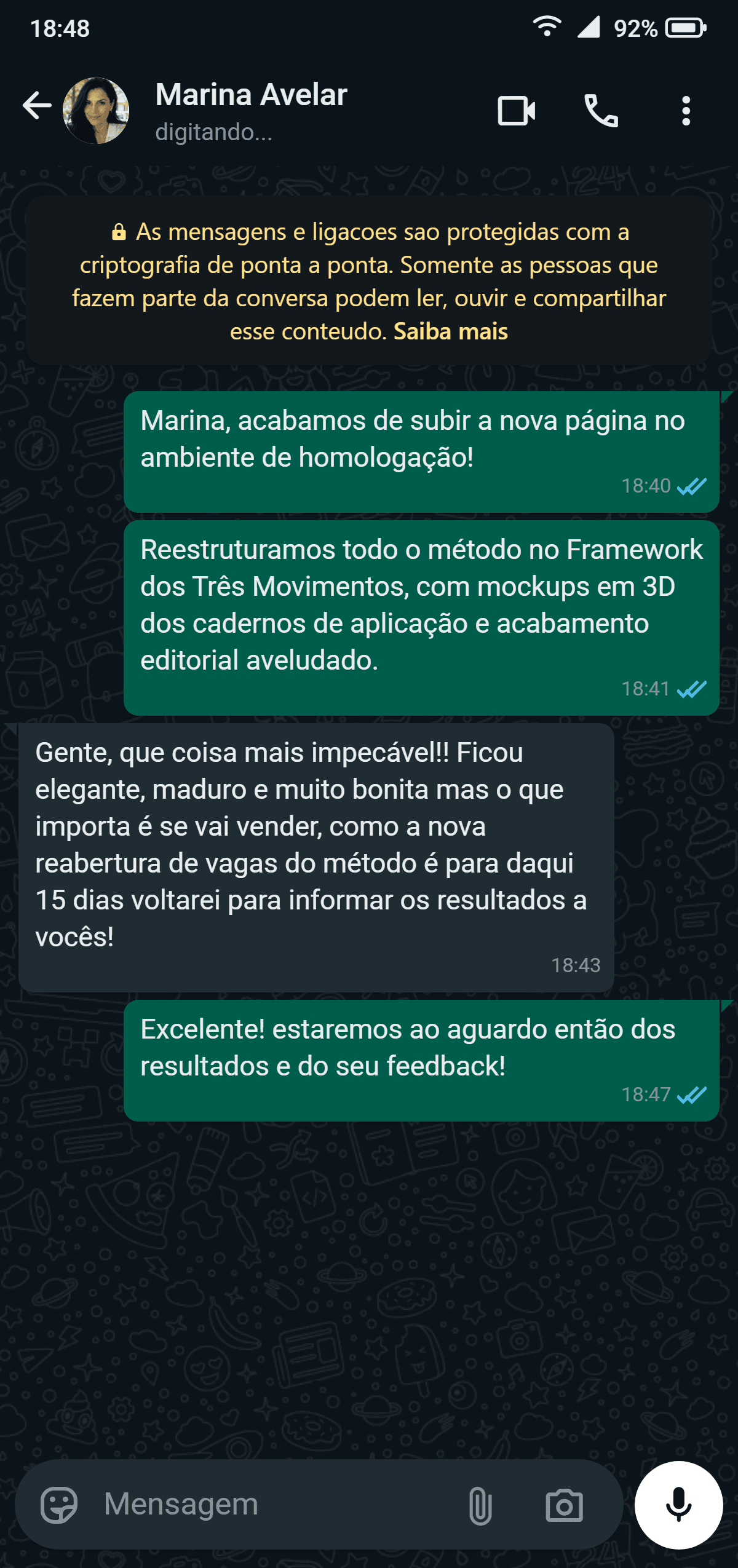 Registro real de conversa no WhatsApp validando a nova página do Método Leve no ambiente de homologação