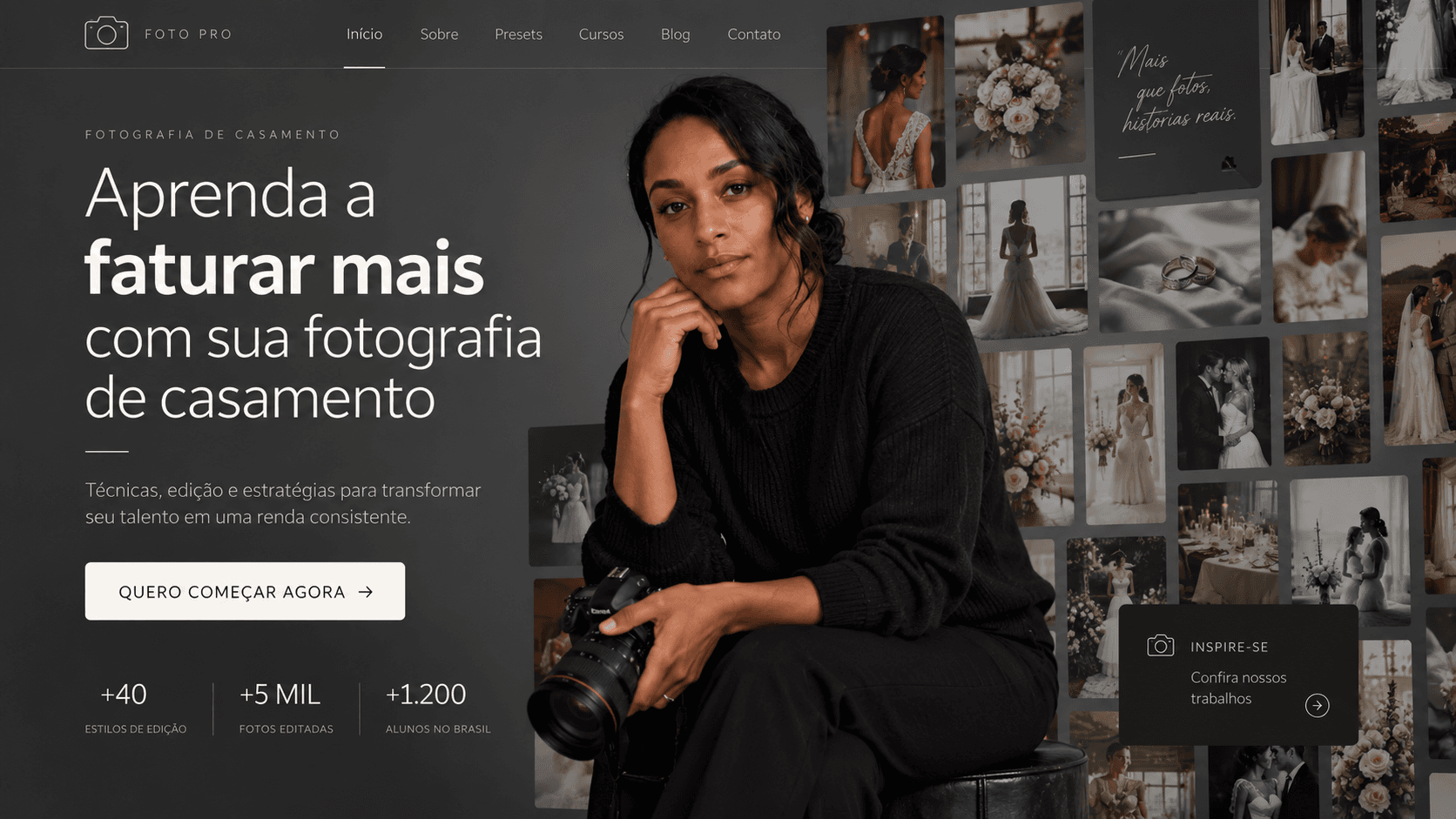 Registro da versão anterior da página em desktop do Primeiro Destaque, com fundo cinza escuro, promessa genérica e feed desordenado de fotos