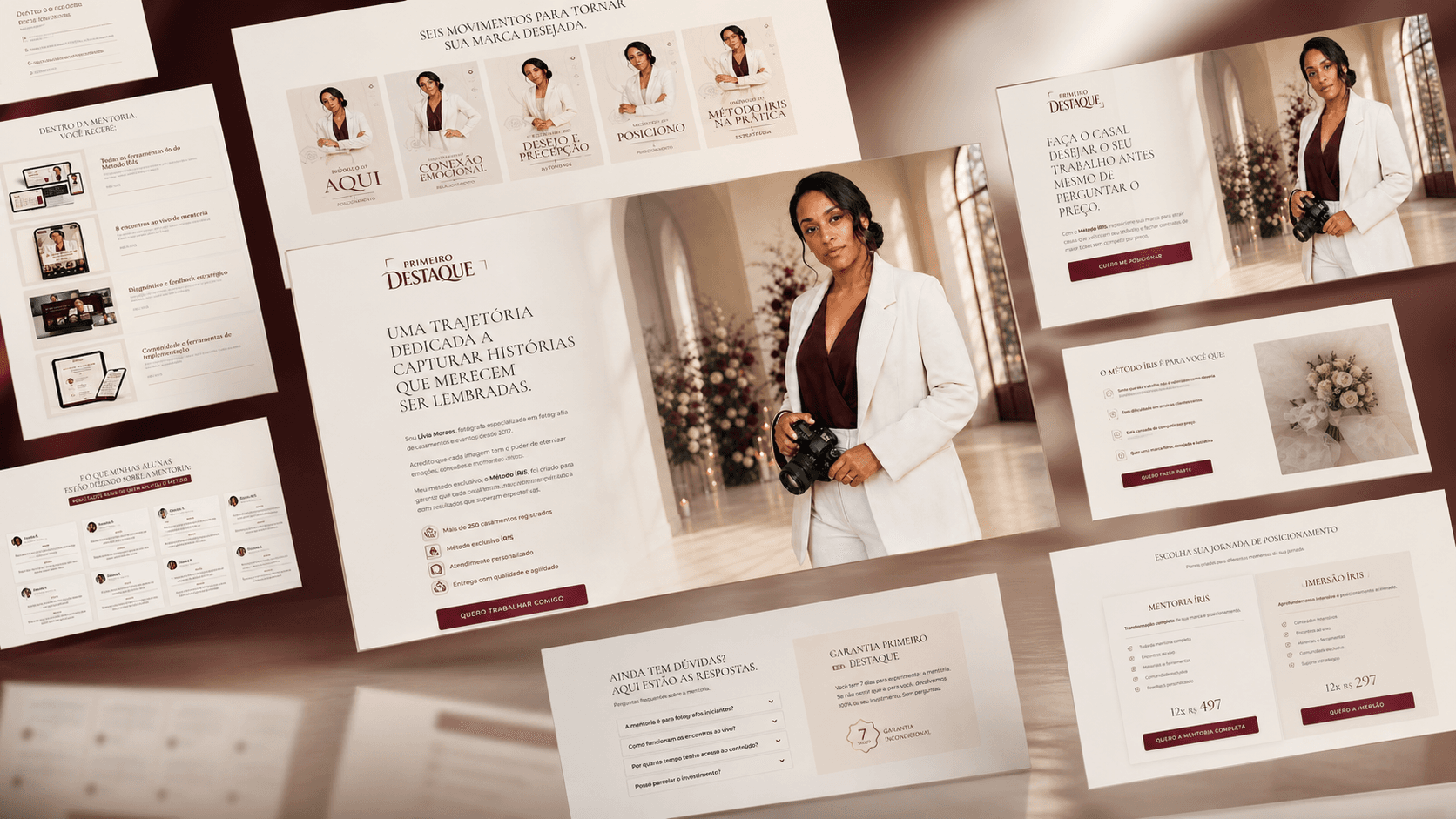Prancha oficial de branding e identidade visual do Primeiro Destaque: composição de páginas, fotografia e layout editorial