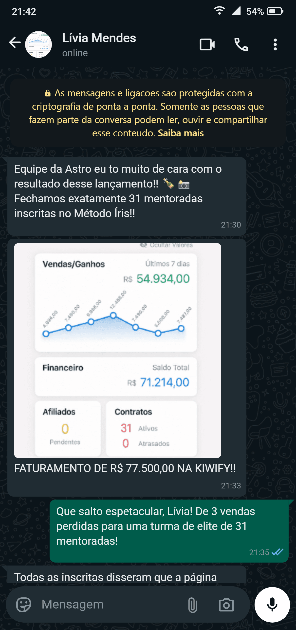 Registro real de conversa no WhatsApp onde Lívia Mendes comemora o fechamento de 31 mentoradas e R$ 77.500 no painel