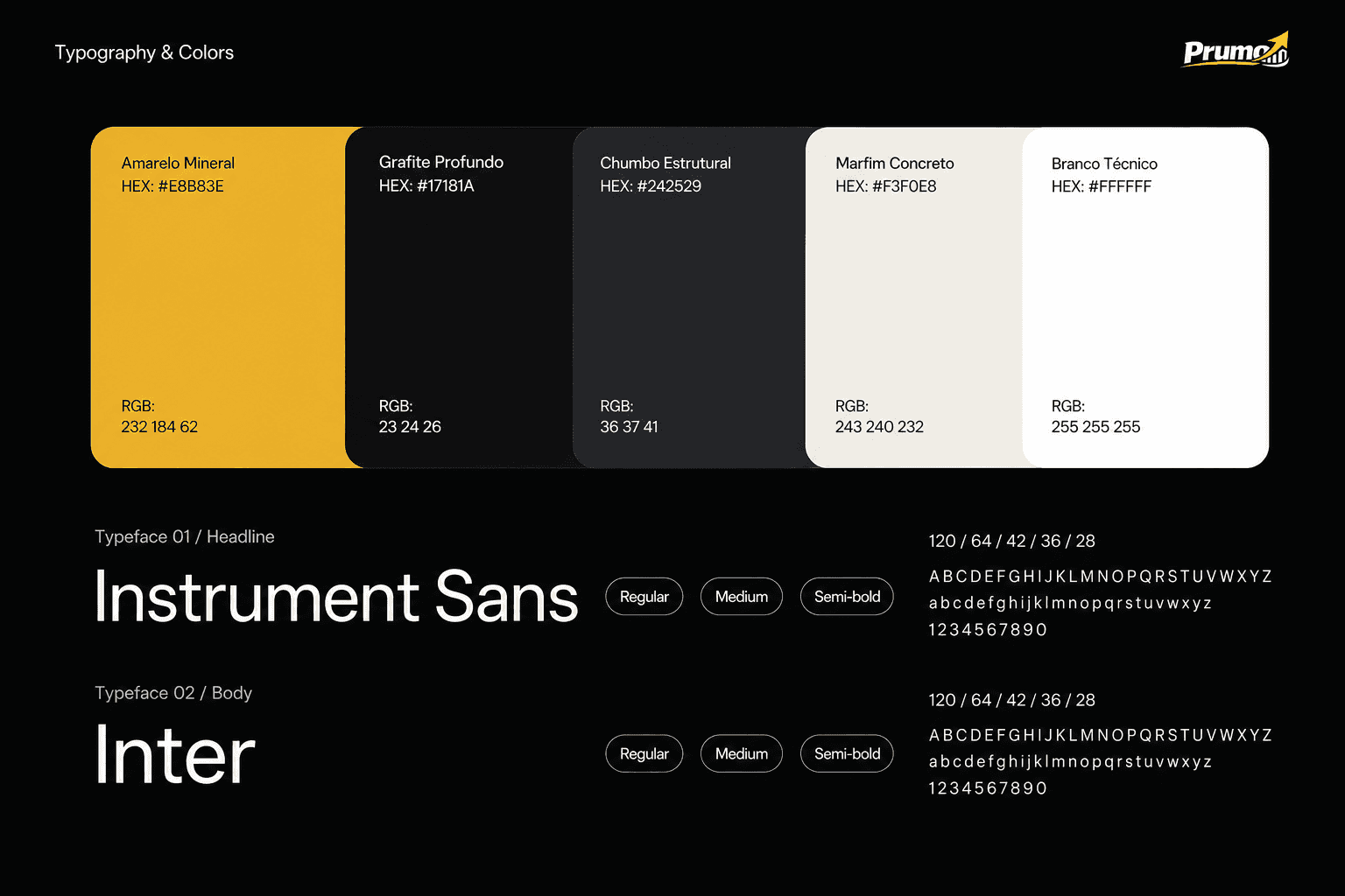 Kit de branding oficial da PRUMO: paleta de Grafite Profundo, Amarelo Mineral e Marfim Concreto, Instrument Sans e Inter
