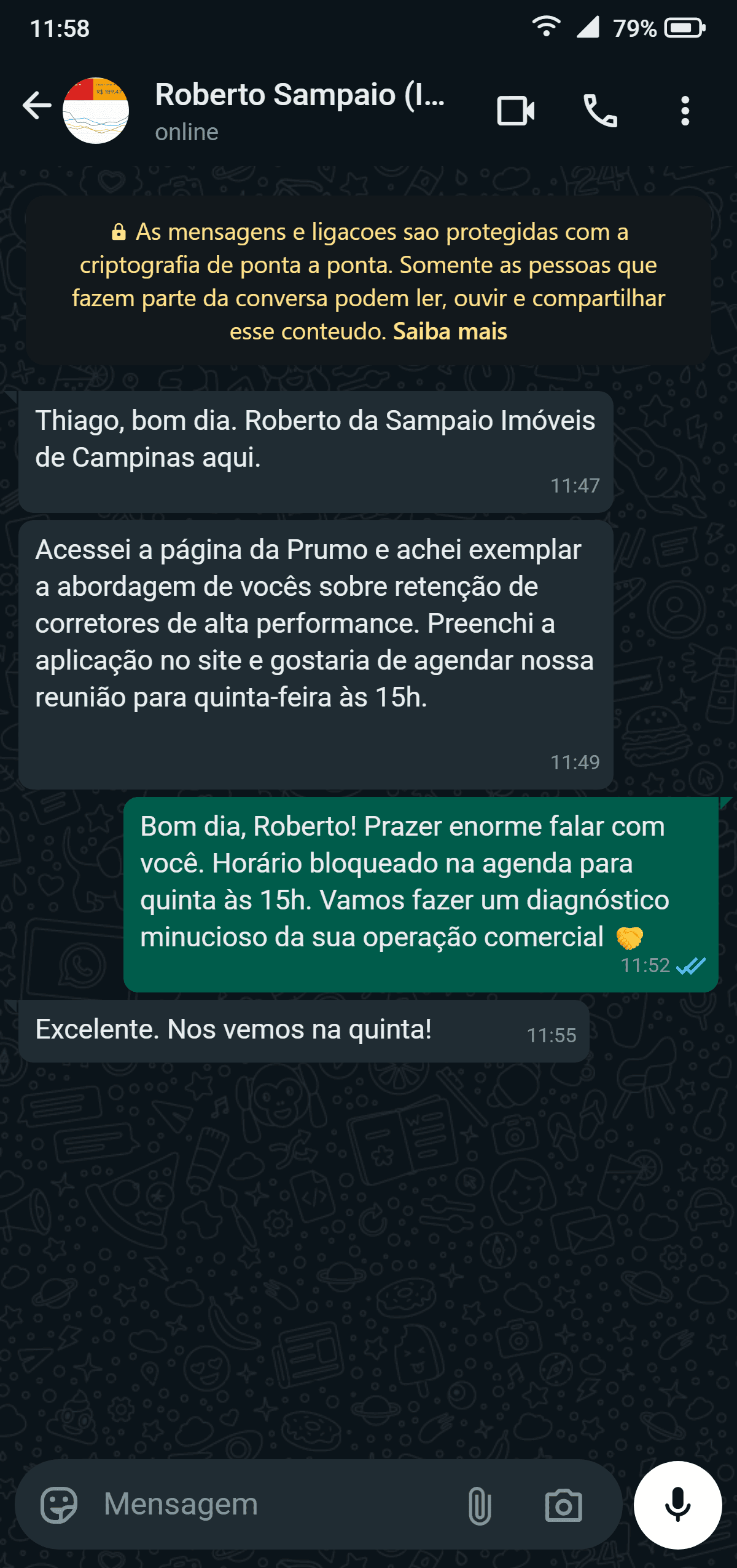 Registro real de mensagem de WhatsApp do decisor Roberto Sampaio da Sampaio Imóveis agendando diagnóstico