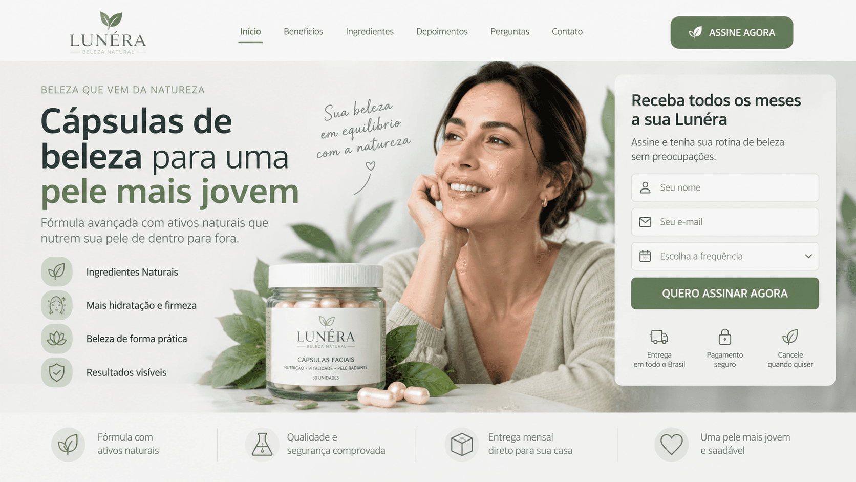 Registro da versão anterior da landing page da LUNÉRA em desktop, com layout genérico verde e botões de assinatura forçada