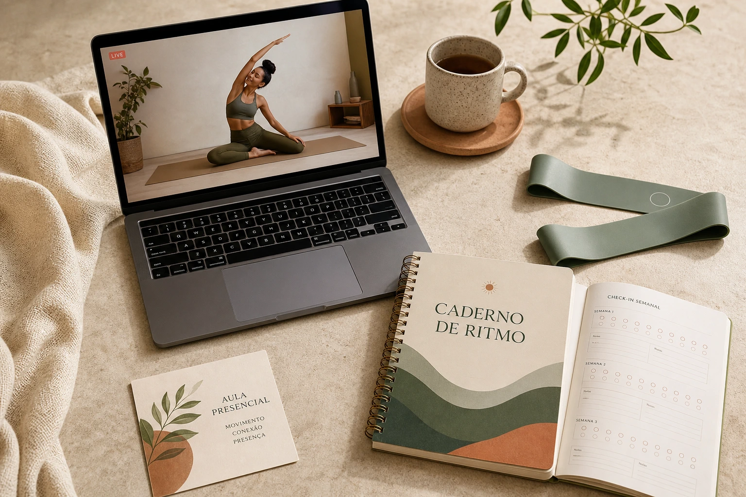 Kit da experiência Ânima 21 com aula virtual, caderno de ritmo e faixa de treino