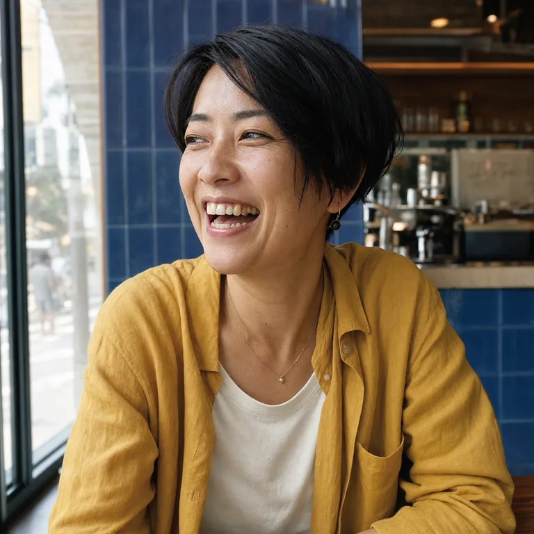 Retrato de Carla sorrindo em um café