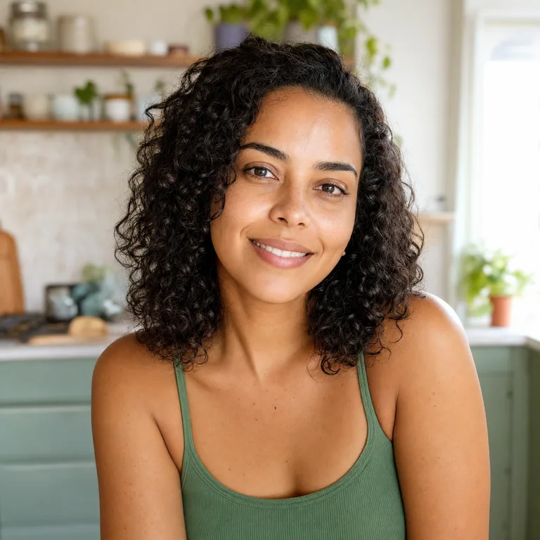 Retrato de Luana em uma cozinha iluminada