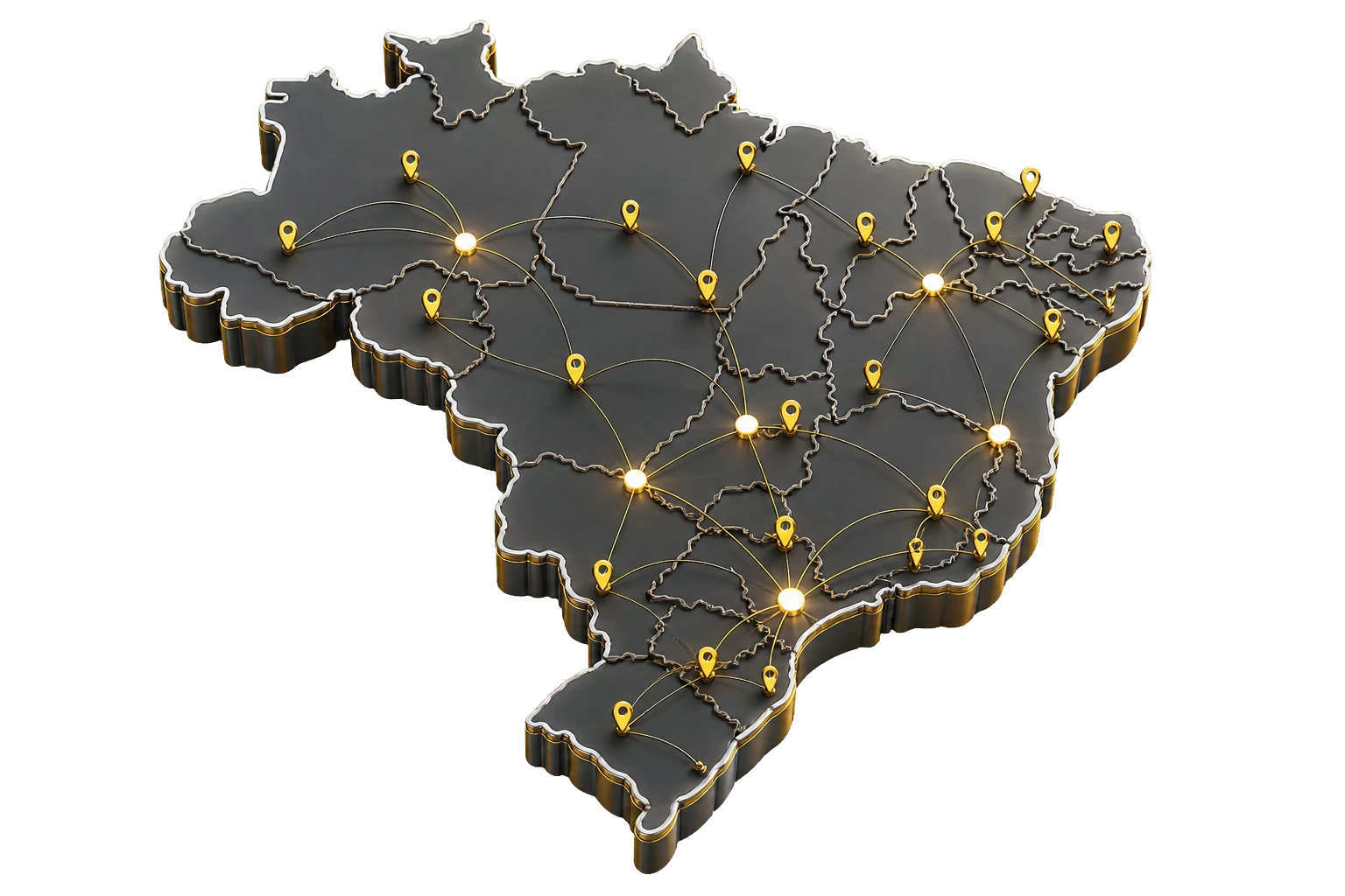 Mapa tridimensional do Brasil conectado por rotas e pontos comerciais
